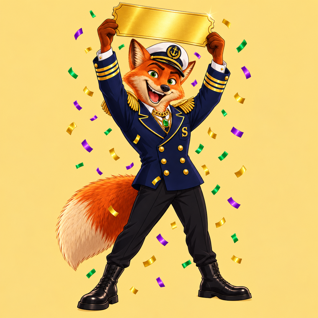 Captain SNUD holding a golden founder ticket