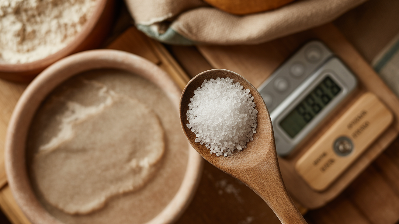 Fine sea salt on wooden spoon beside bowl of bubbling sourdough starter and digital kitchen scale