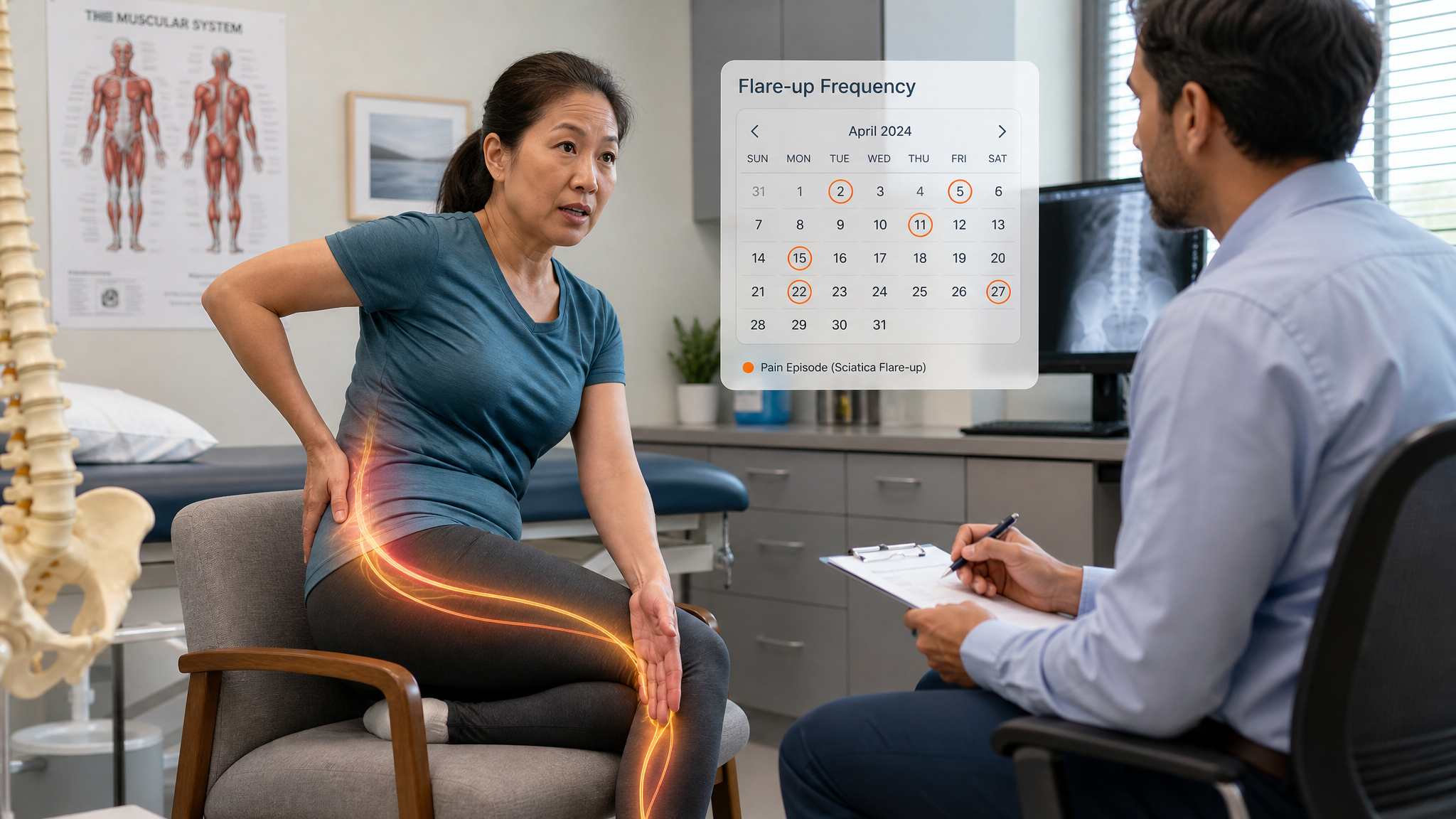 Clinician interviewing a seated Asian woman who is gesturing down the back of her leg while describing flare-ups, a frequency-calendar overlay
