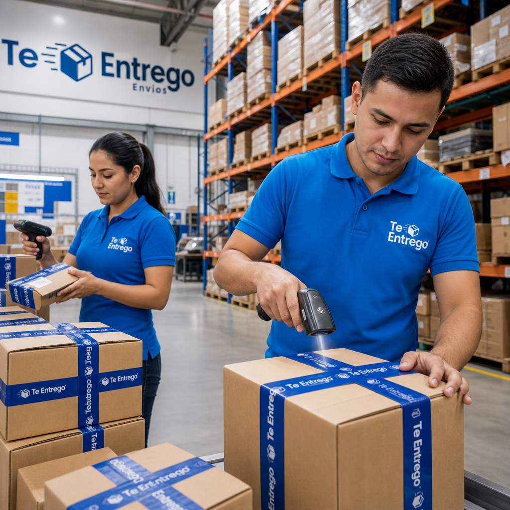 Bodega de e-commerce con trabajadores de Te Entrego escaneando paquetes