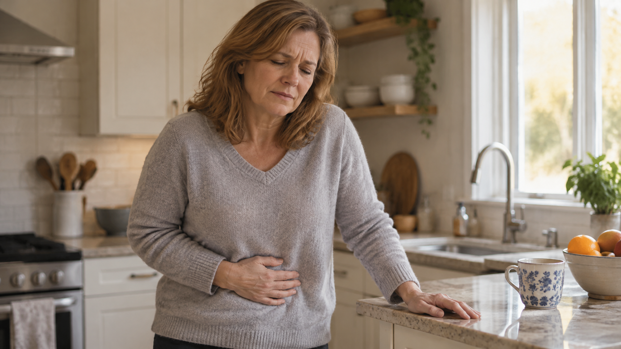 A woman veteran in her fifties in her kitchen pressing a hand to her lower abdomen and steadying herself on the counter