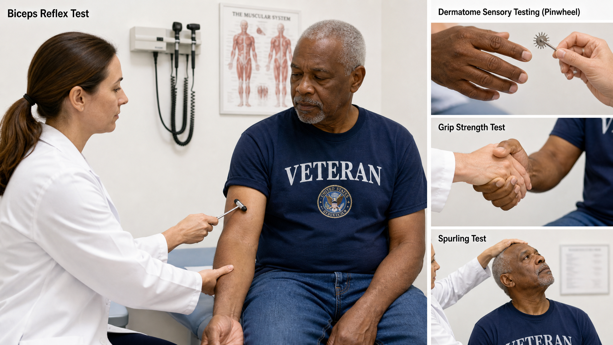 Clinician testing a biceps reflex on a seated Black male veteran with insets of dermatome sensory testing on the fingers, a grip-strength test and a Spurling test