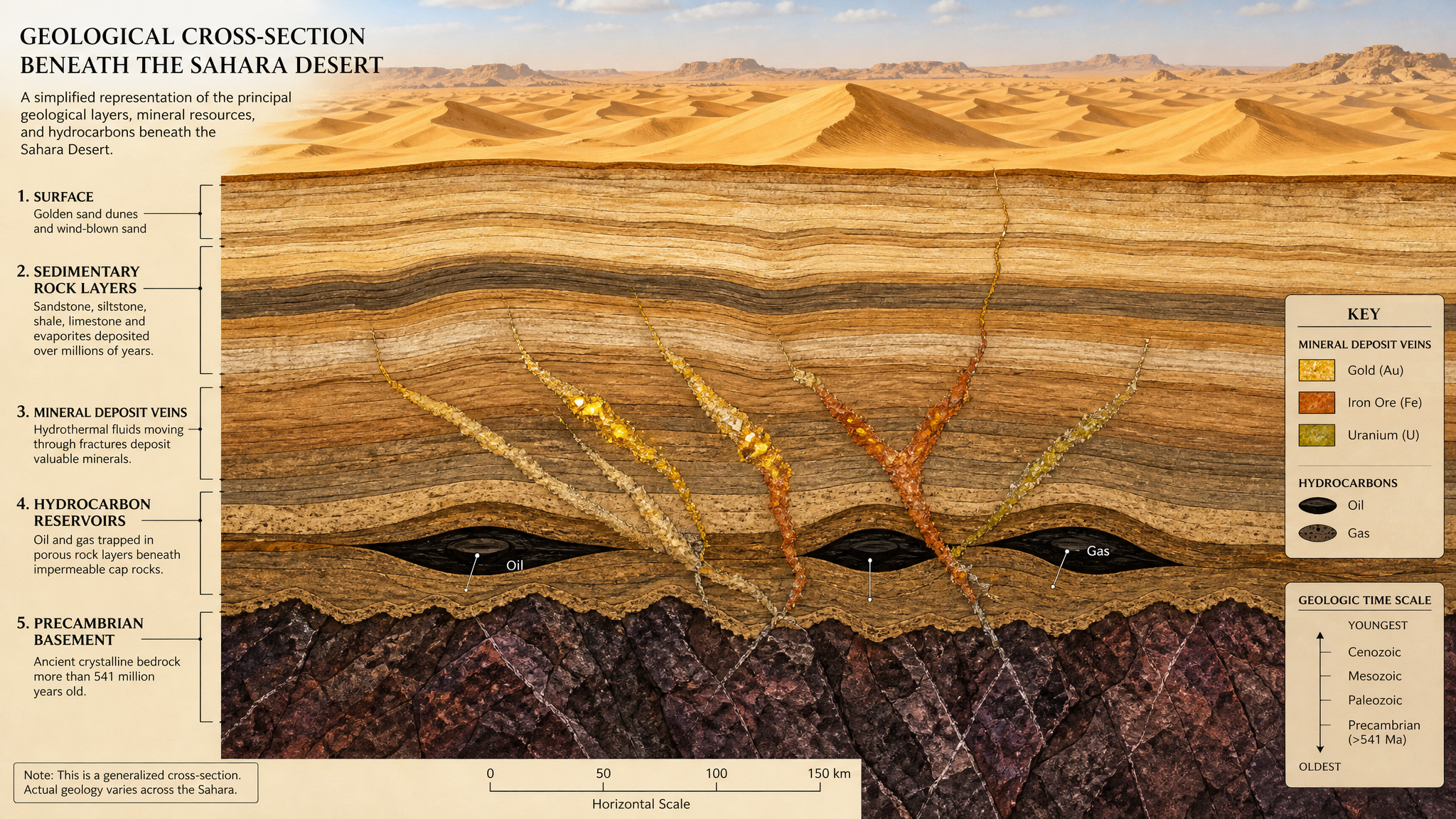 Geological cross-section showing layers beneath the Sahara desert: sand, sedimentary rock, mineral deposits, oil pockets, and bedrock