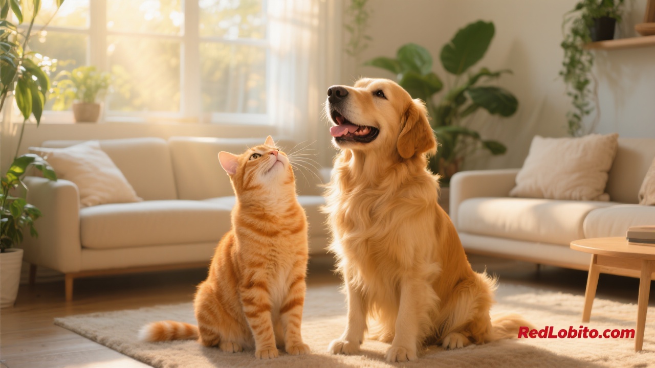 A happy dog and cat looking lovingly at their owner, symbolizing trust and the human-animal bond