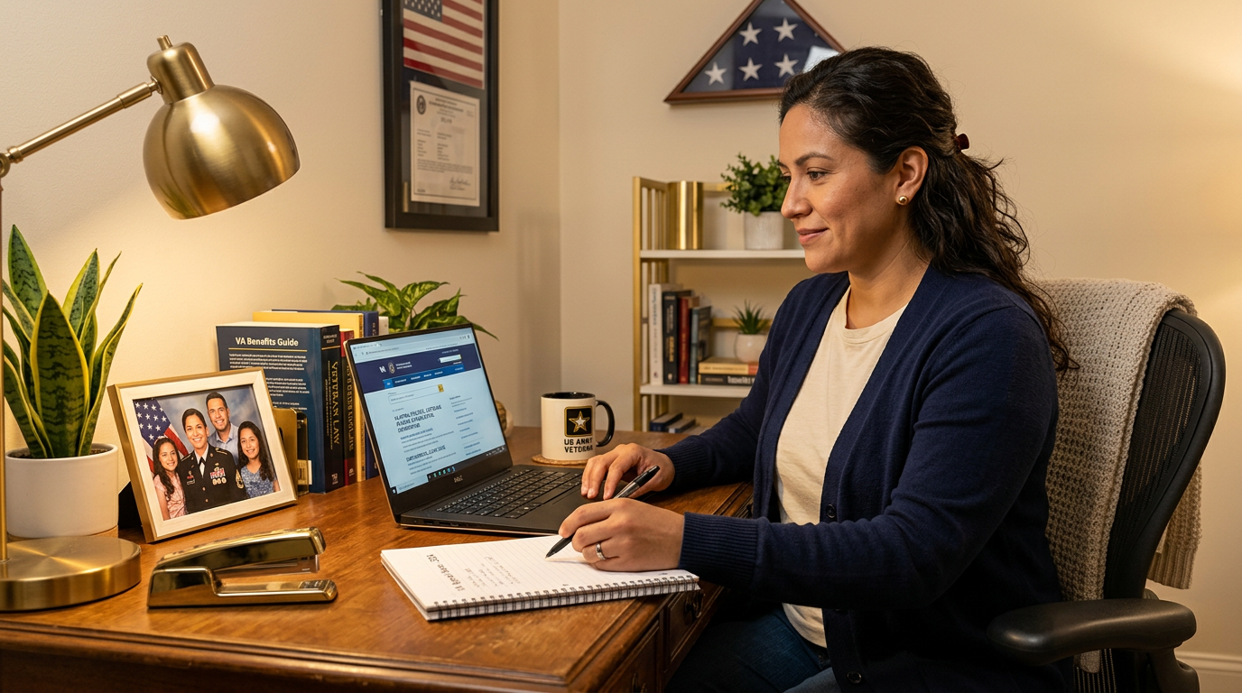 Woman veteran researching appeal options on her computer