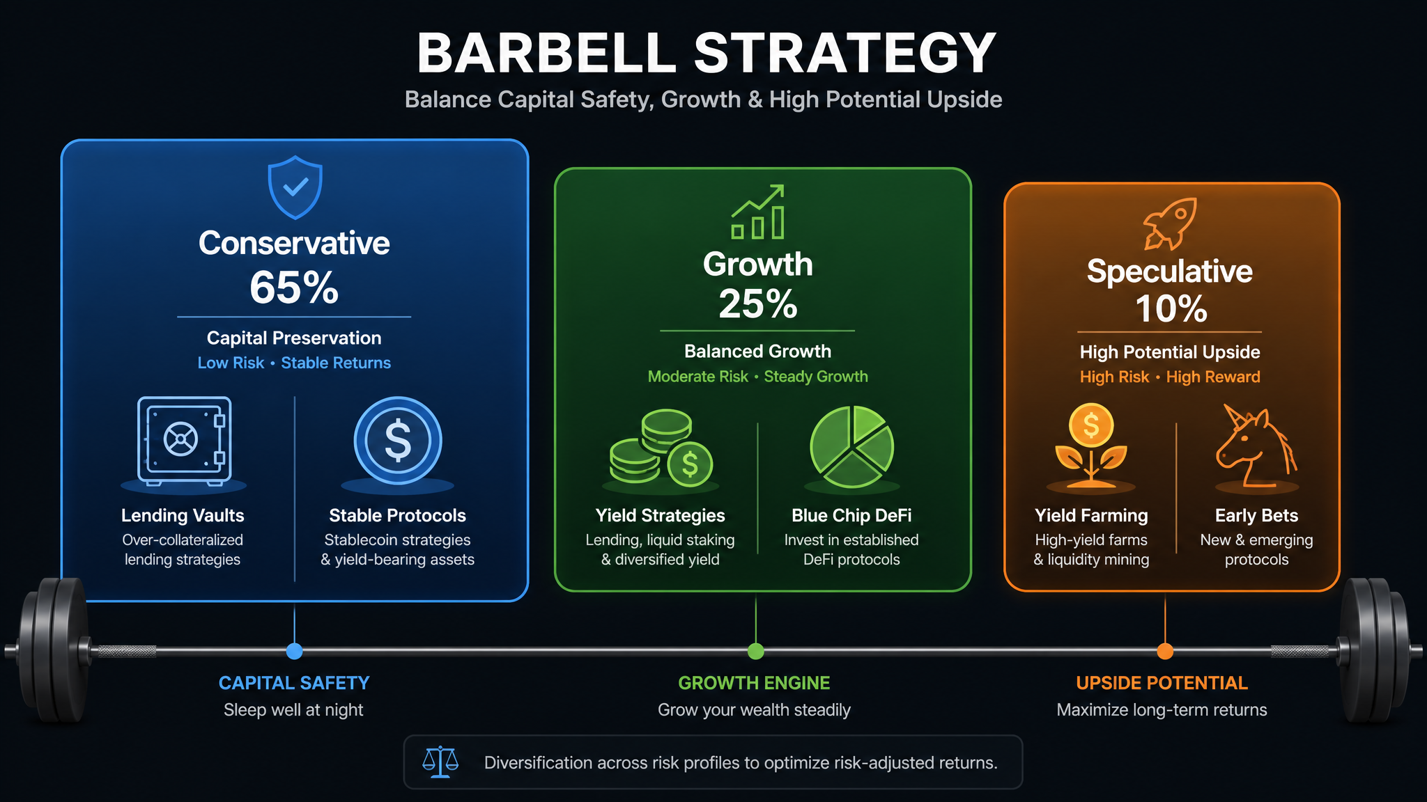 Barbell DeFi strategy diagram showing cross-chain yield optimization portfolio allocation: 65% conservative, 25% growth, 10% speculative in 2026