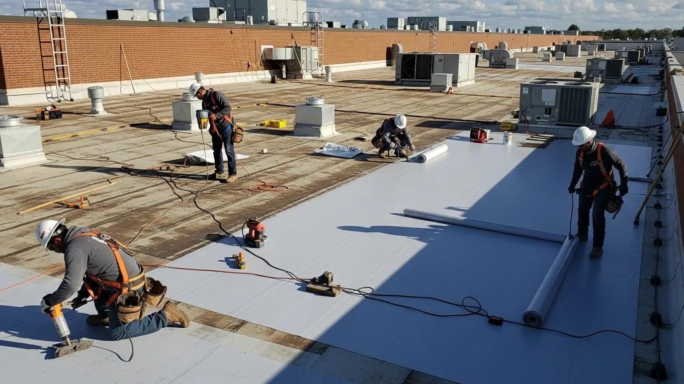 Professional roofing crew installing a commercial flat-roof membrane on a Dallas-Fort Worth building