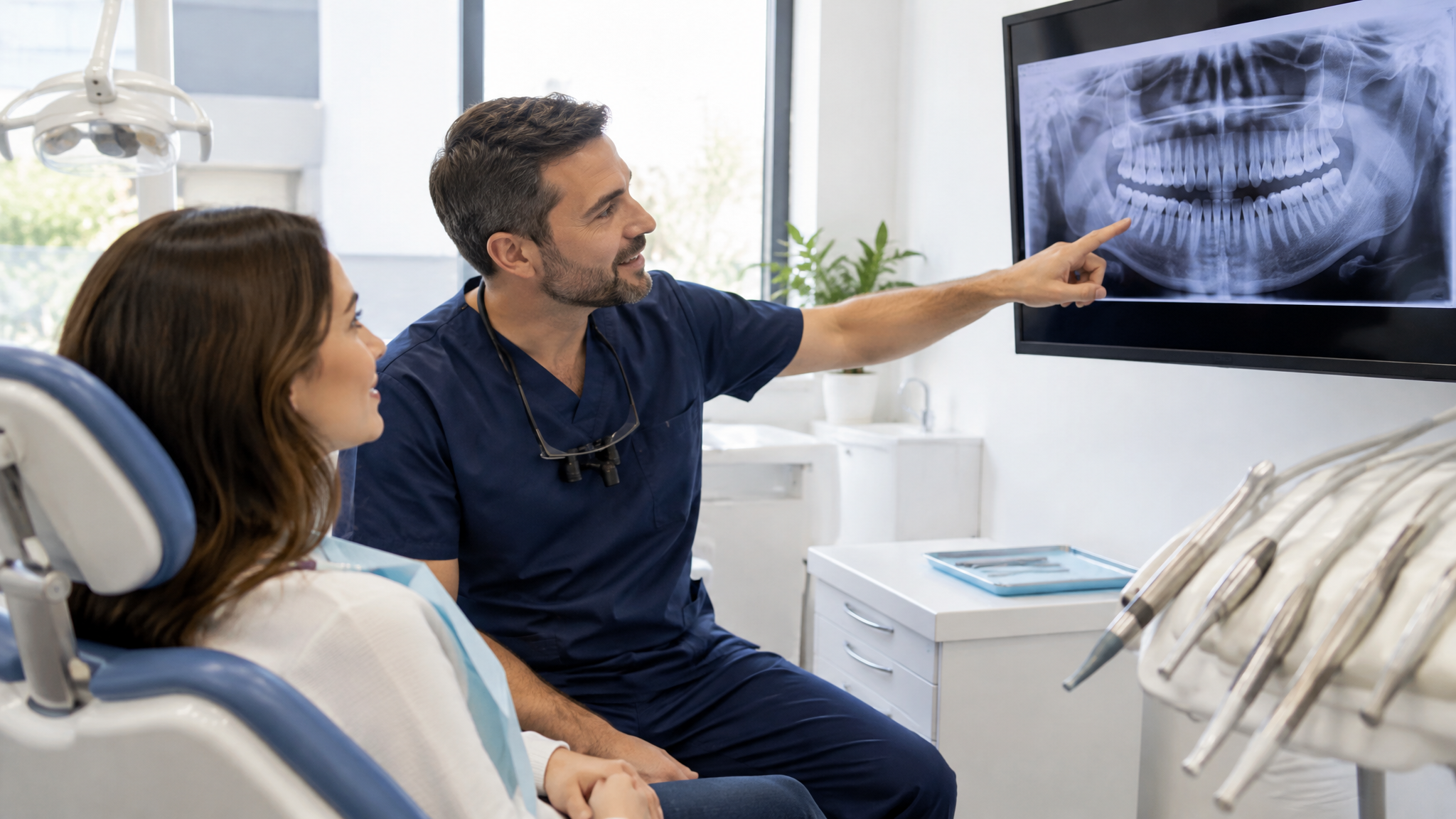 Dentist reviewing a dental X-ray with a patient near Crestwood, IN
