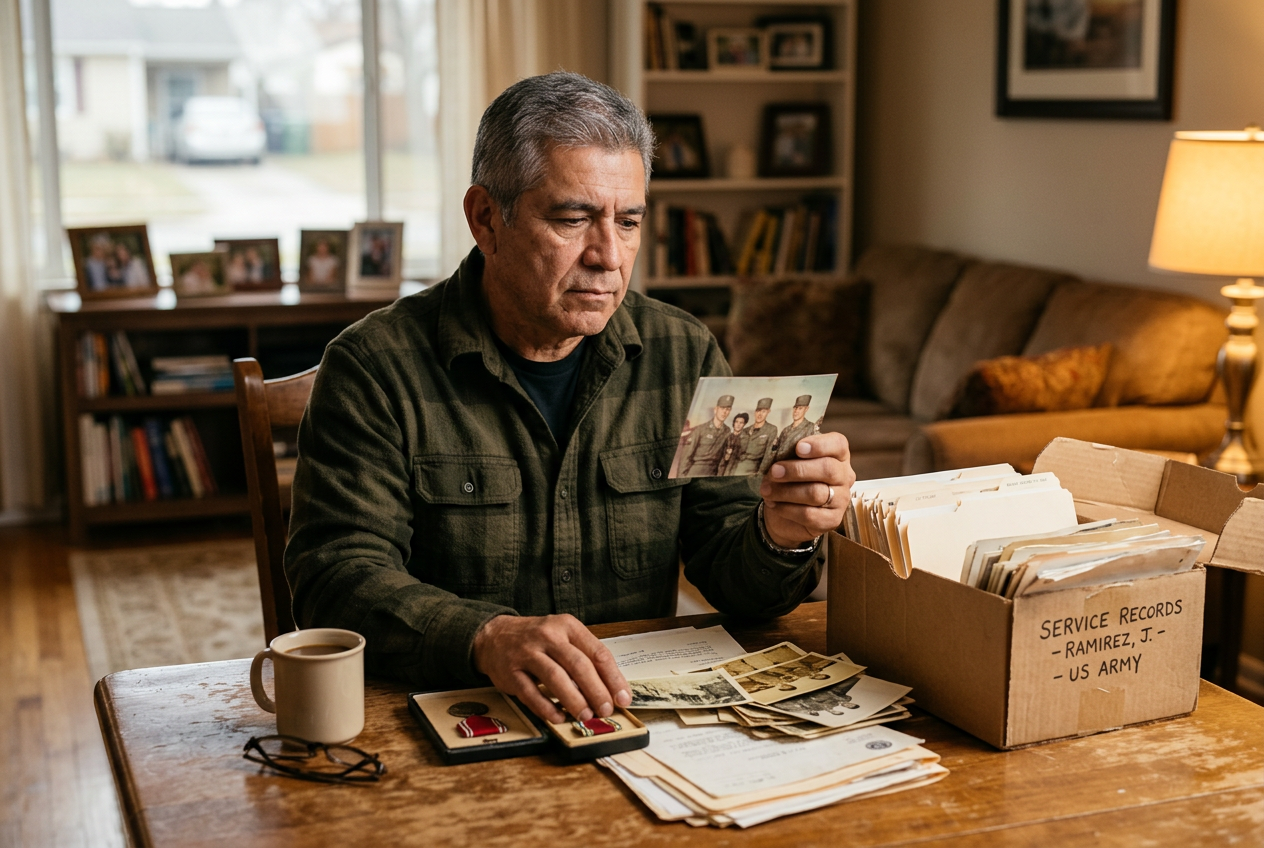 A military veteran going through a box of old service records and photographs at home