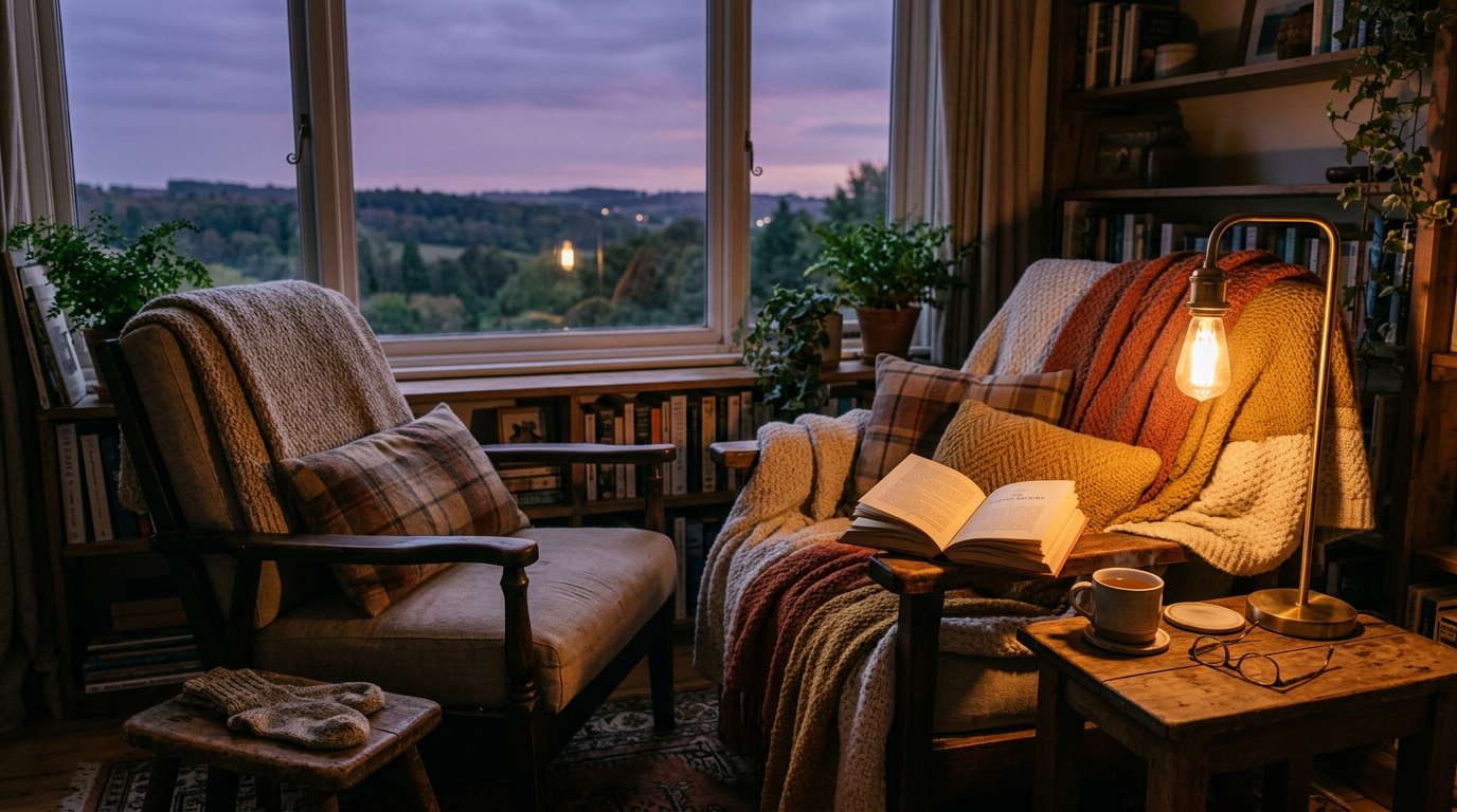 Cantinho aconchegante de leitura ao entardecer — a importância de desconectar e recarregar