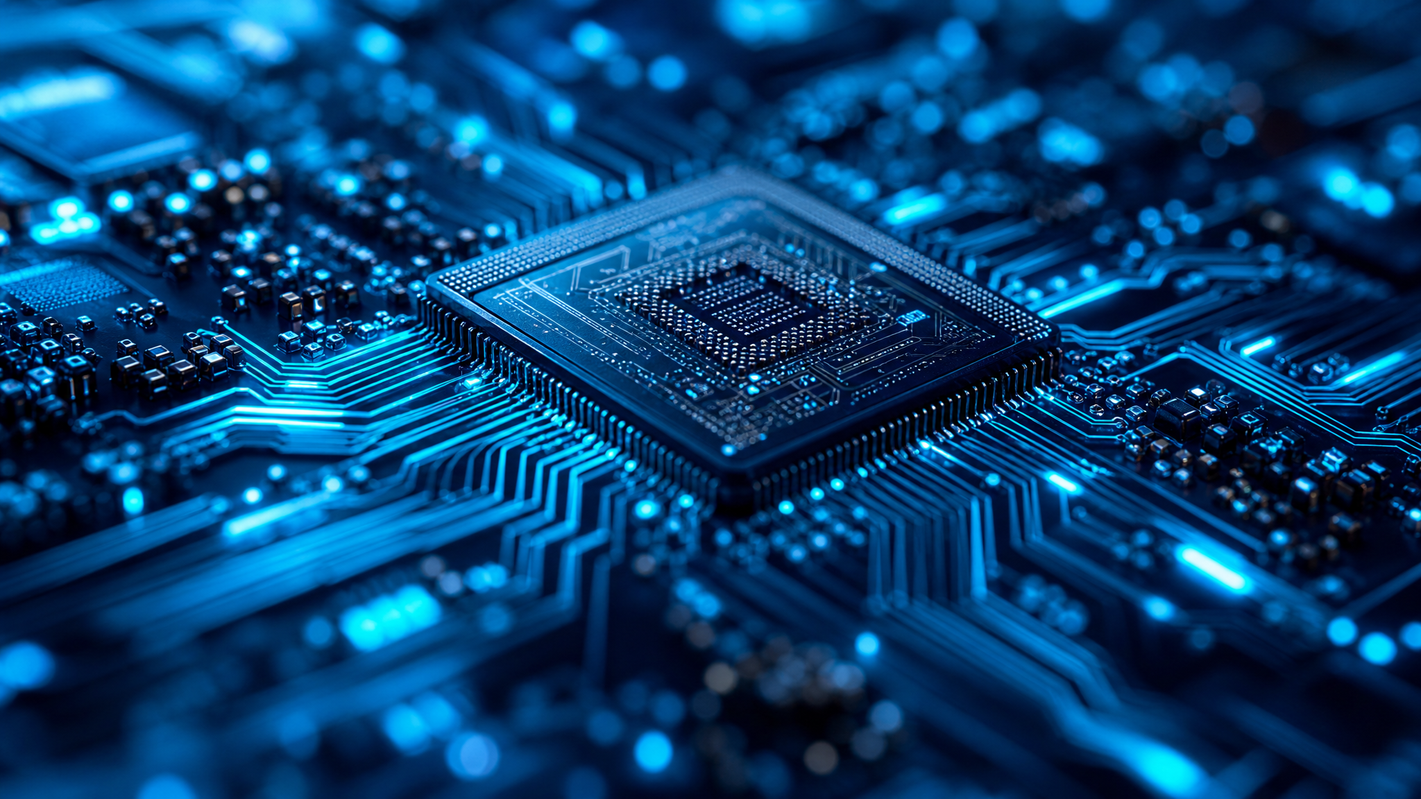 Macro view of a ternary processor circuit board with glowing cyan traces