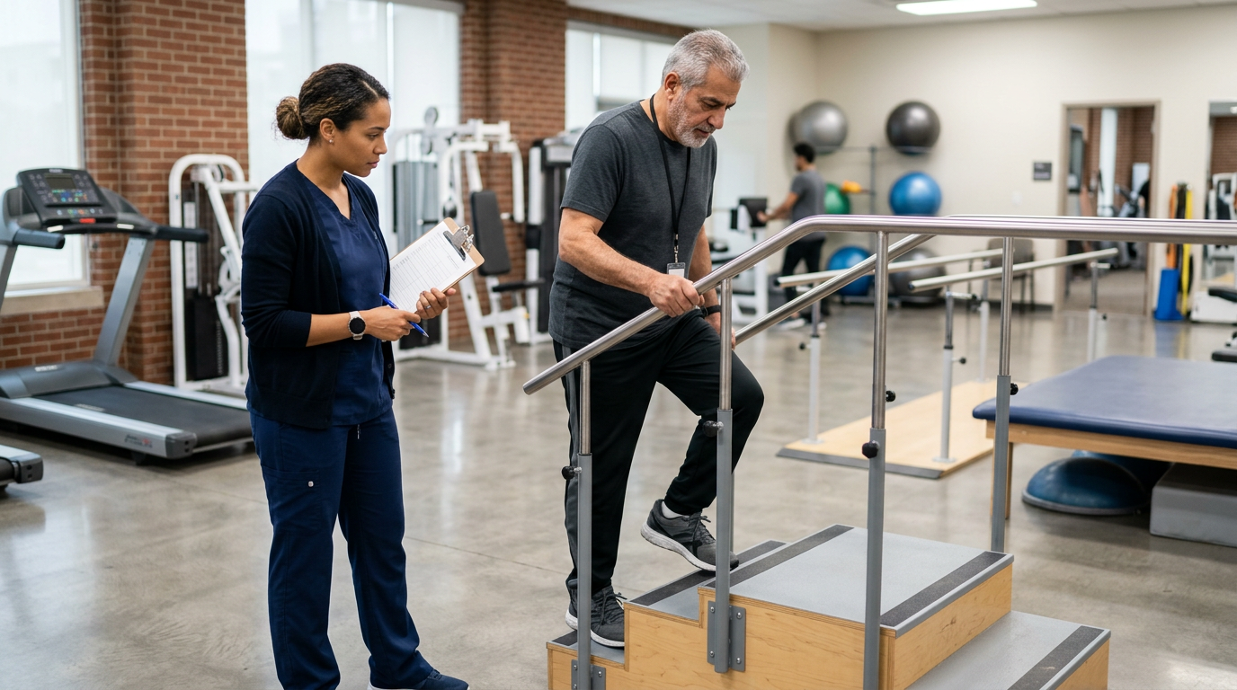 Physical therapist observing Middle Eastern male veteran climbing therapy steps during functional capacity evaluation