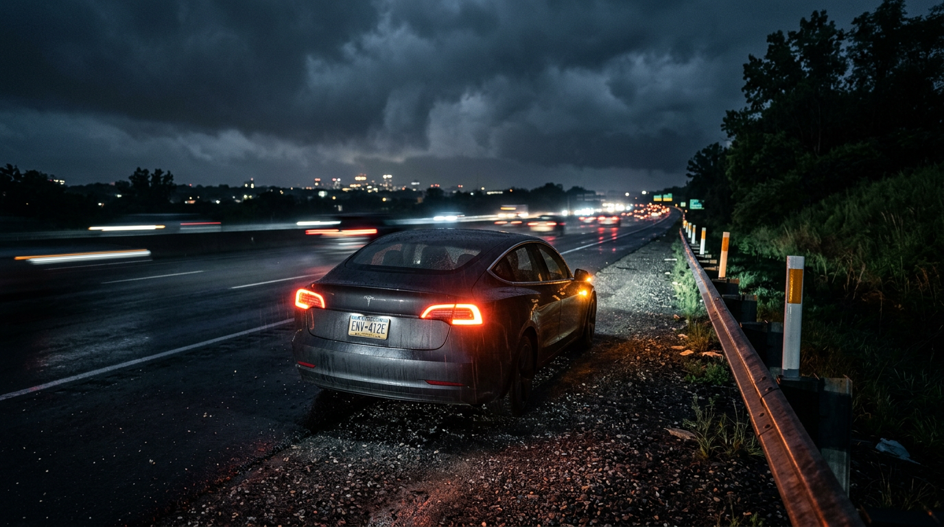 Electric vehicle stopped on highway shoulder at night with hazard lights flashing