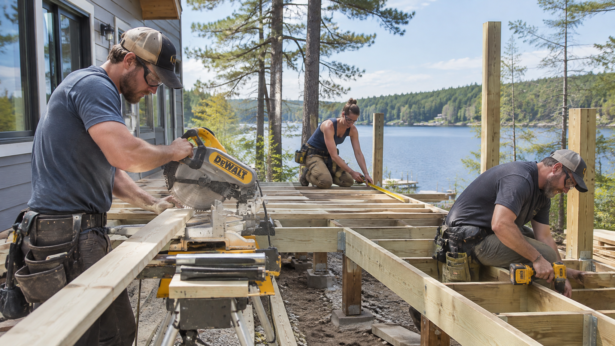 Deck building crew working on a lakeside cottage project in Muskoka