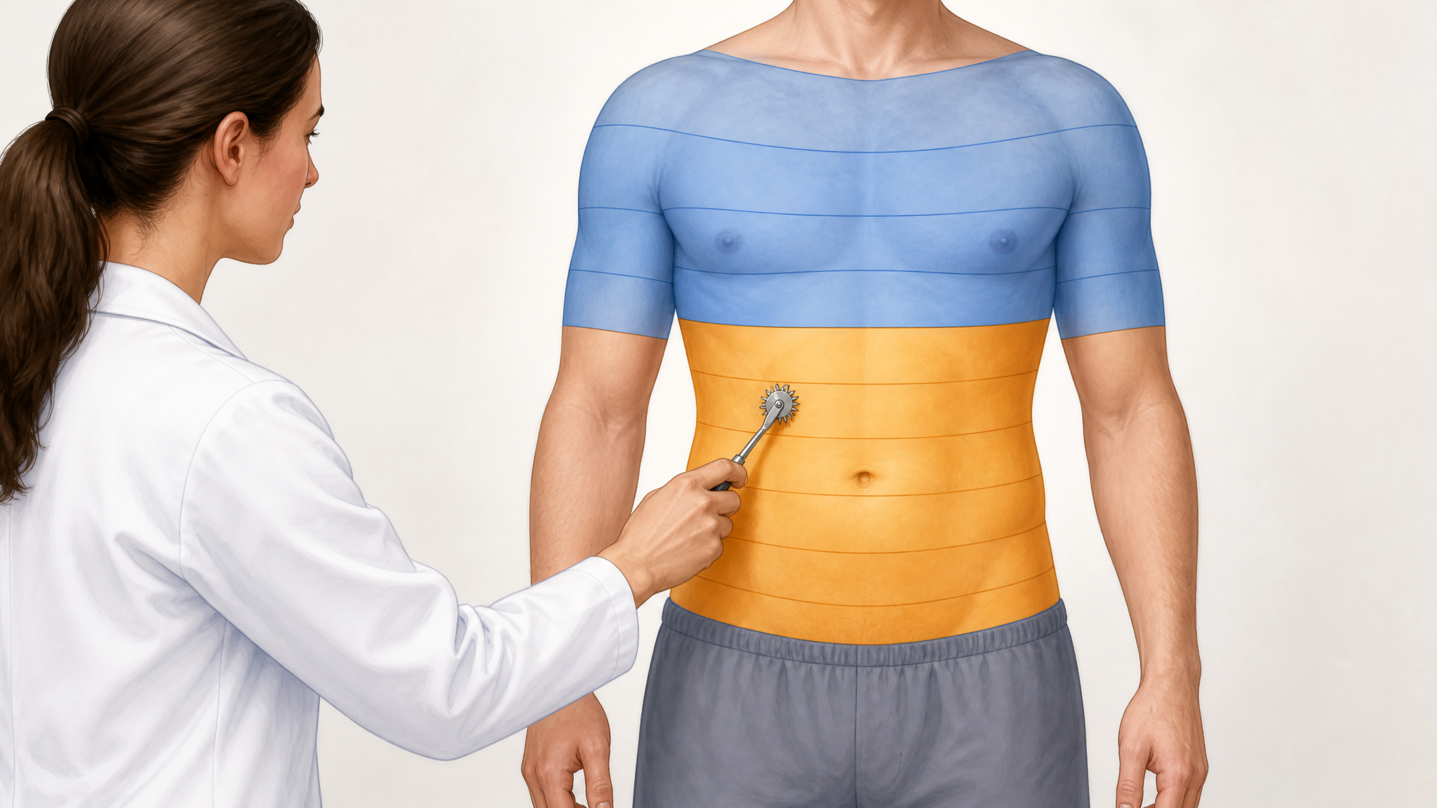Illustration of a clinician testing sensation along horizontal trunk bands, with blue normal zone above and amber abnormal zone below a clear dividing line