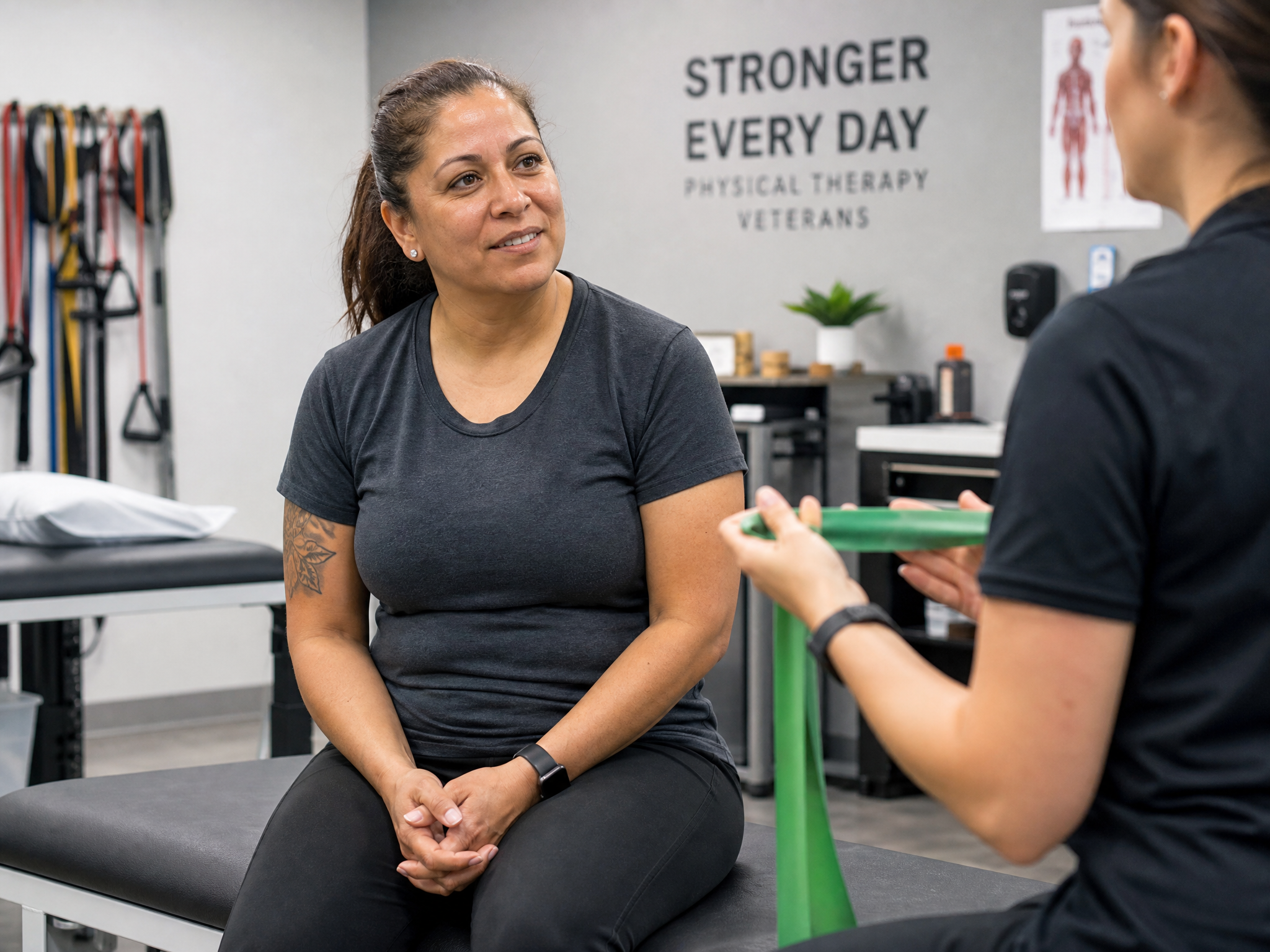 A veteran working with her physical therapist during a rehabilitation session