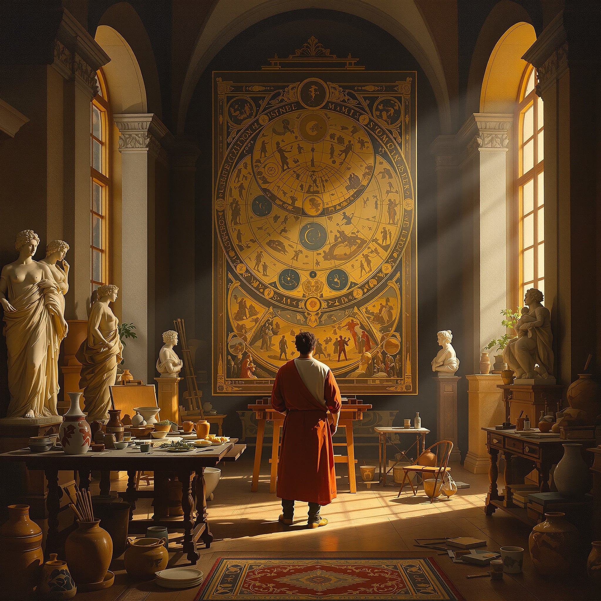 Renaissance master's studio with artist painting celestial maps by golden afternoon light