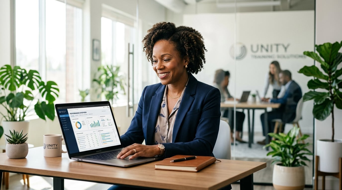 Business owner confidently reviewing training metrics on a modern dashboard interface