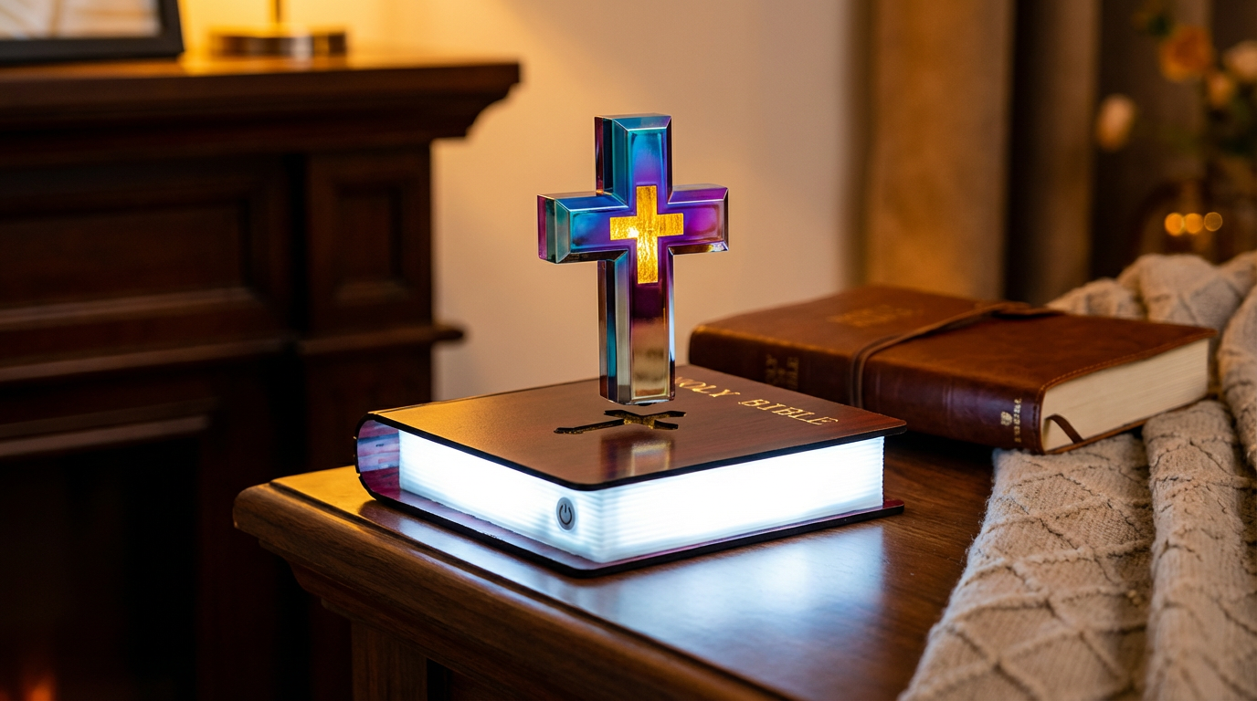 VERITŌ floating Bible cross lamp glowing on a warm evening mantle