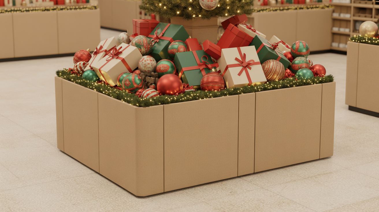 Display de Navidad con regalos, decoraciones y productos festivos