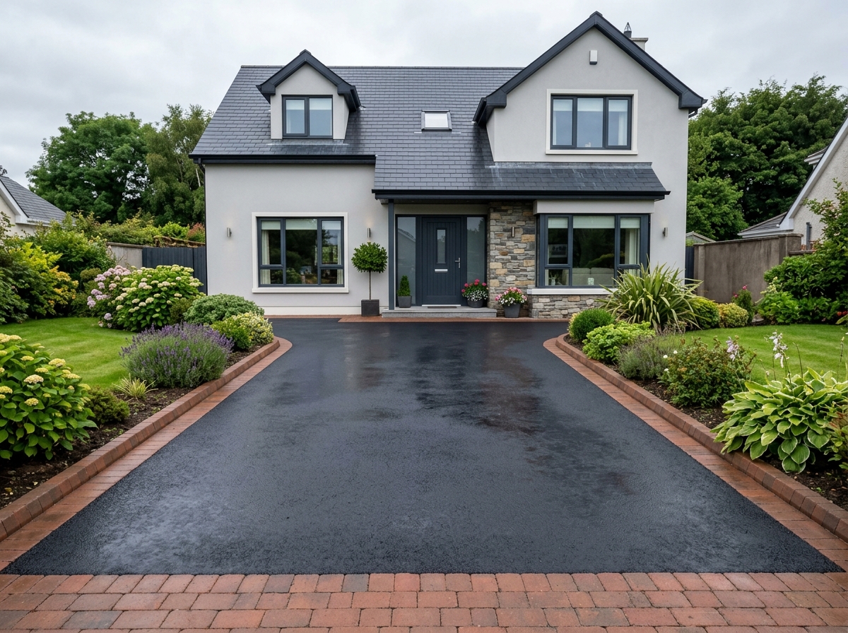 Freshly sealed tarmac driveway