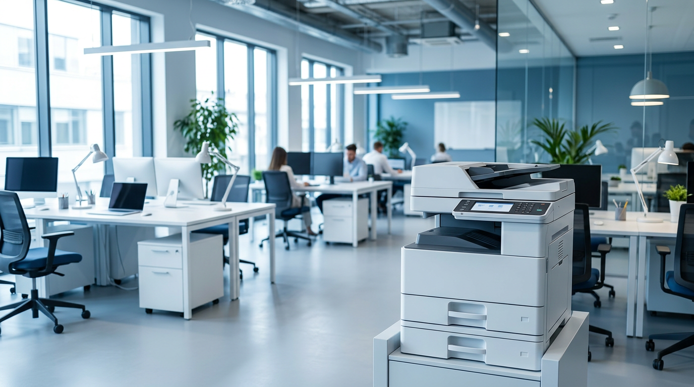Moderne kantooromgeving met printers en technologie