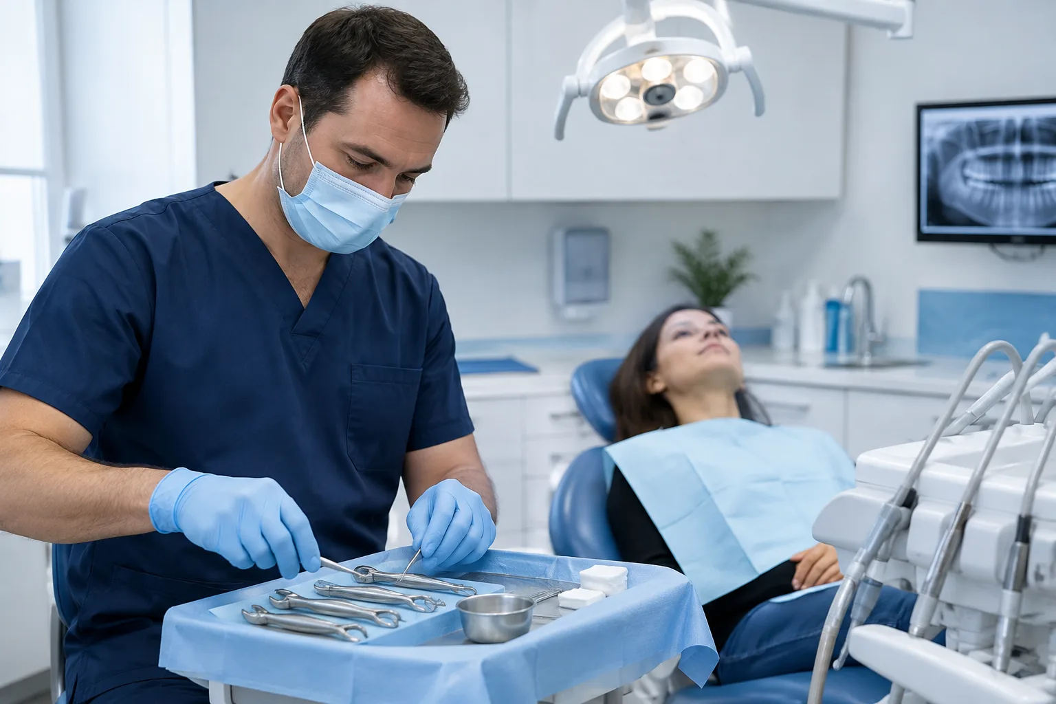 Dental professional preparing for an emergency tooth extraction in Fort Wayne