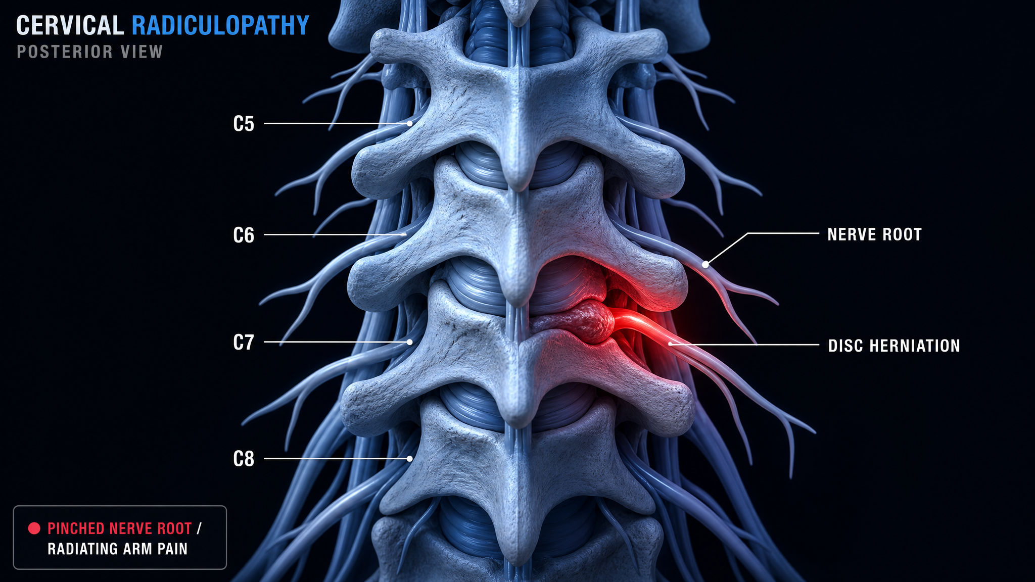 Cervical radiculopathy anatomical diagram, pinched C6-C7 nerve root