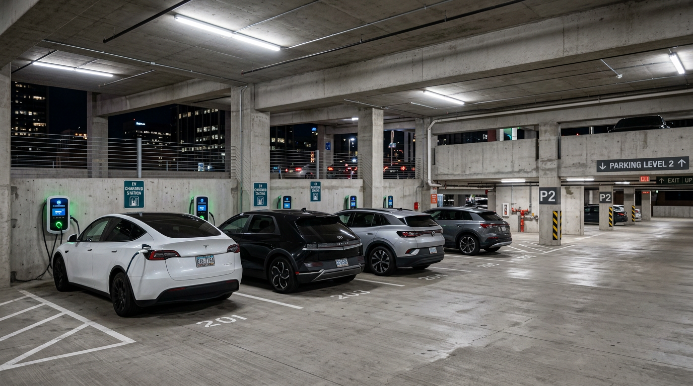 EV charging stations inside a multi-level parking garage