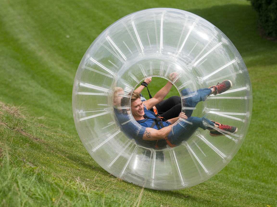 Harness zorbing activity with person rolling downhill in a zorb ball
