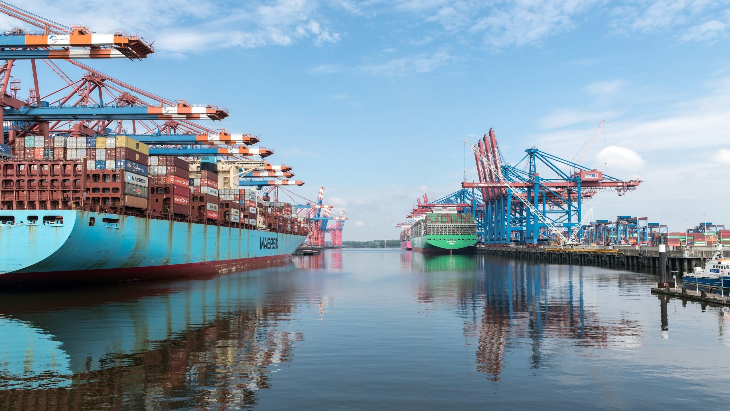 Commercial port with ships and cranes