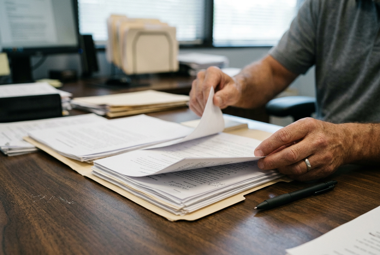 A reviewer examining an open case file and documents at a desk