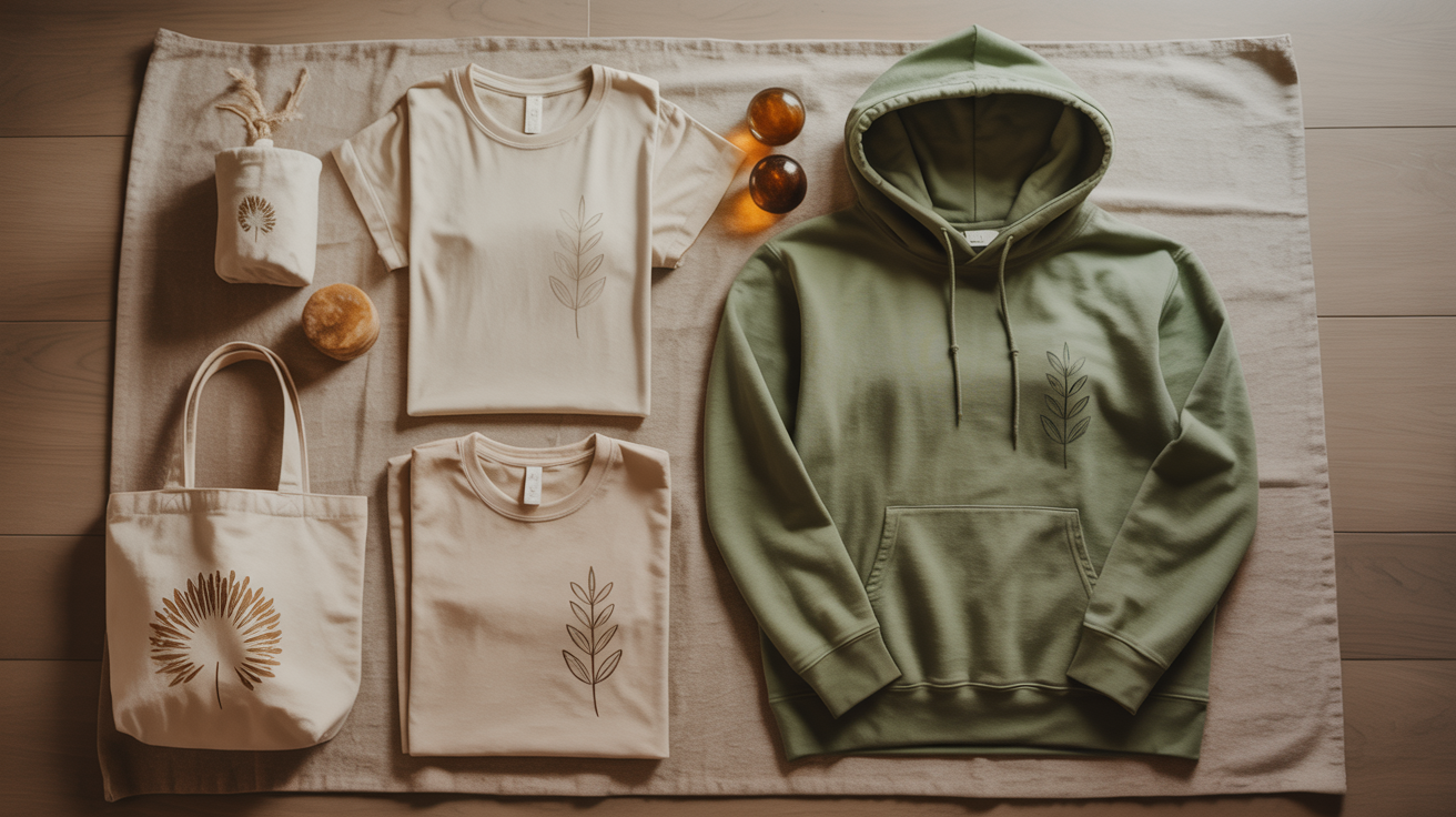 WOW Factor wellness merchandise — hoodies, t-shirts, tote bags in earthy tones