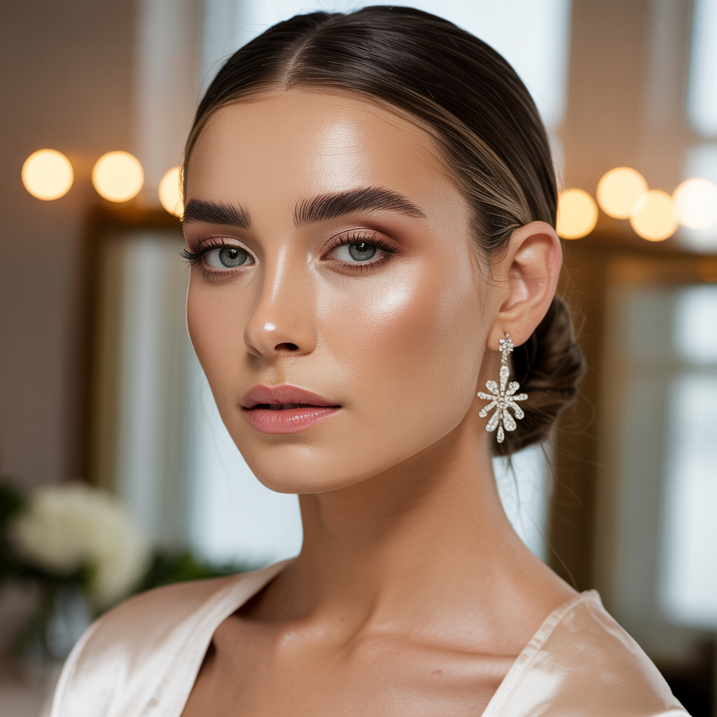 Modern bridal makeup with glowing skin