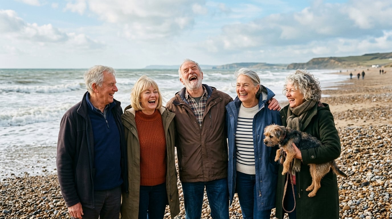 Group of over-60s friends laughing together on a UK beach