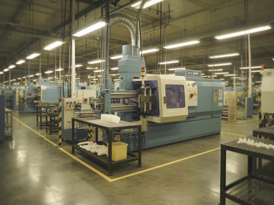 Plastic injection molding machine on factory production floor