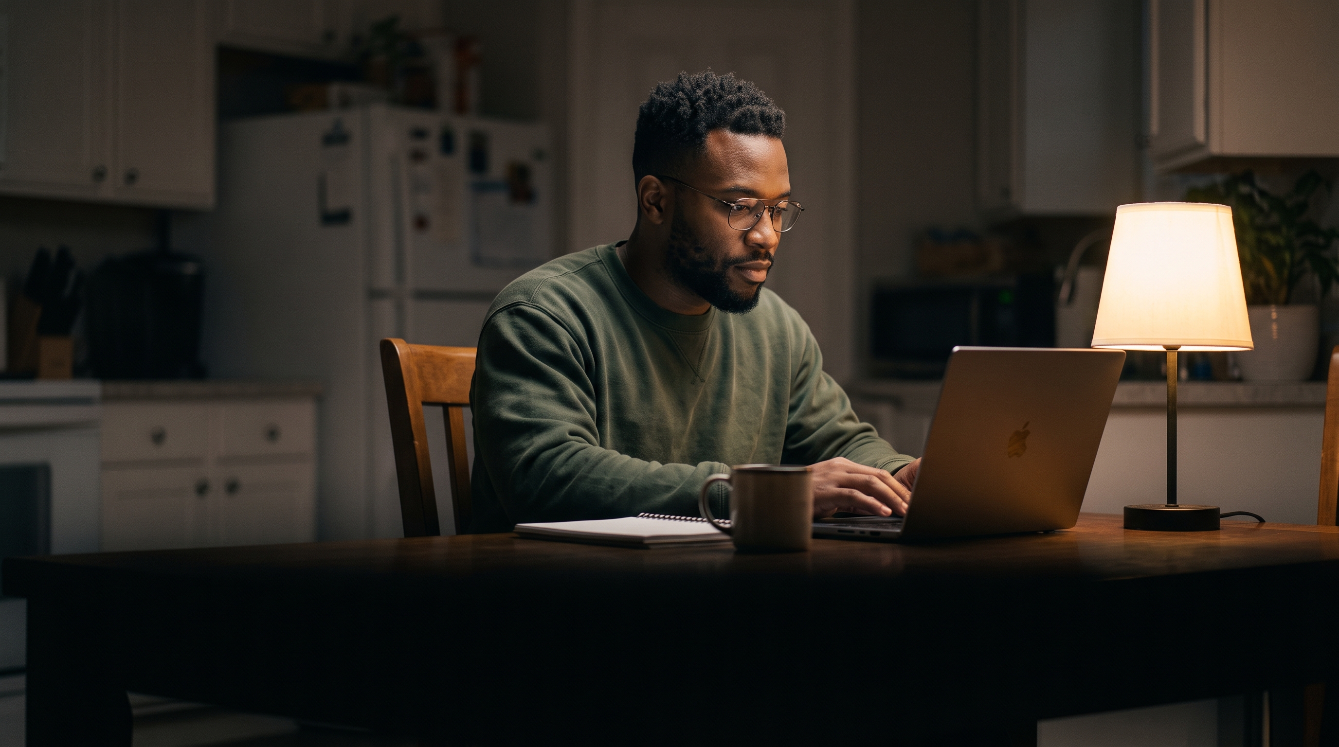 A student veteran studying alone at night for an online program
