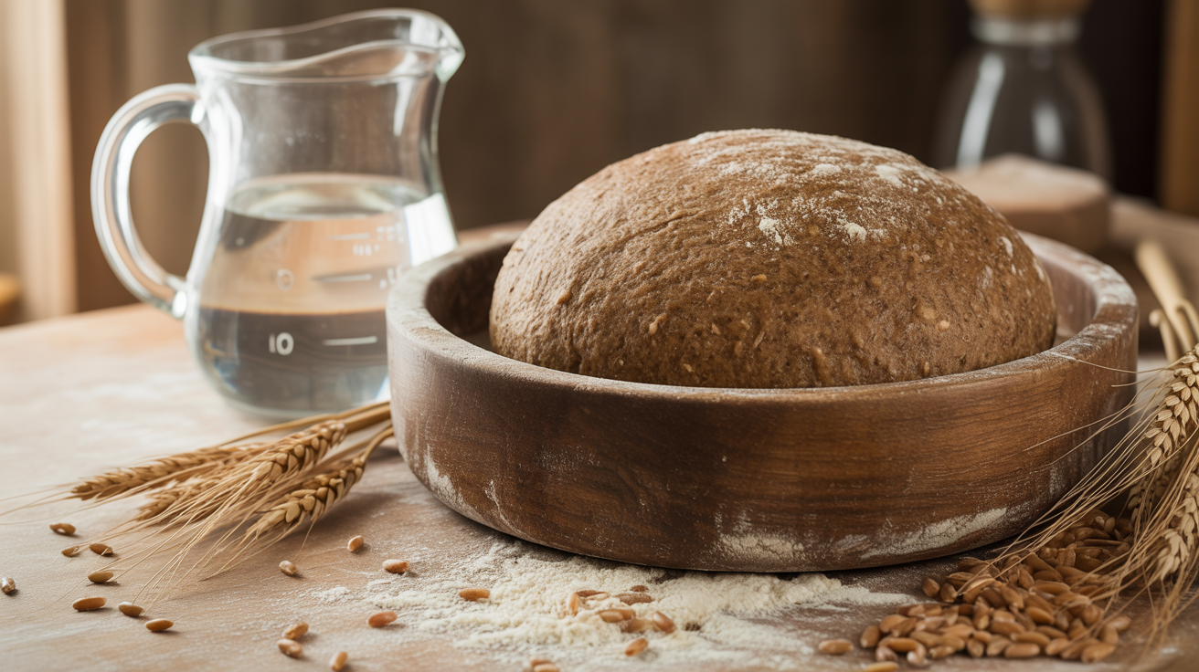 Dark whole wheat sourdough dough resting in a flour-dusted rustic wooden bowl with scattered whole wheat flour, wheat berries, and a glass measuring jug of water nearby