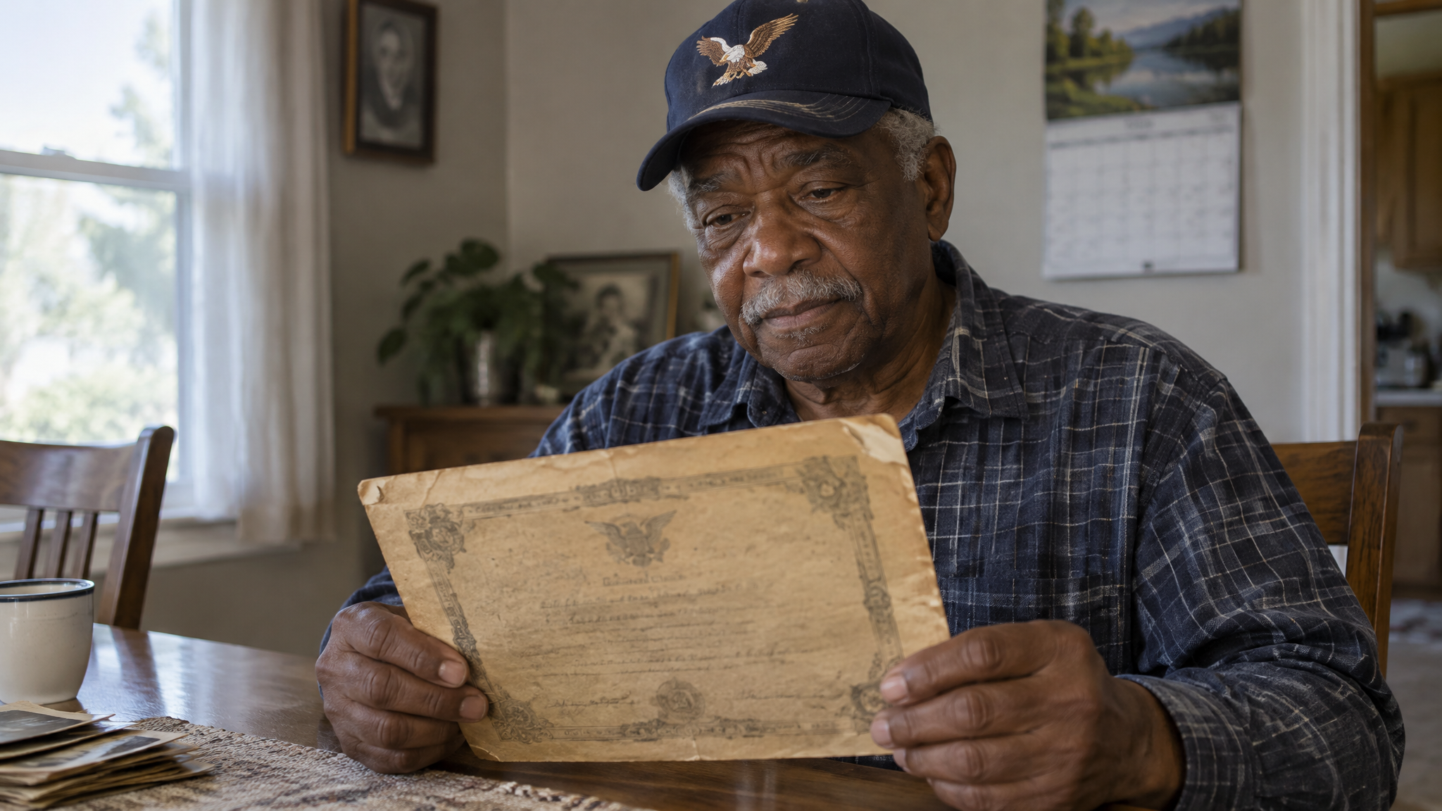 An older Black veteran in a navy cap holding an old faded certificate at his dining table
