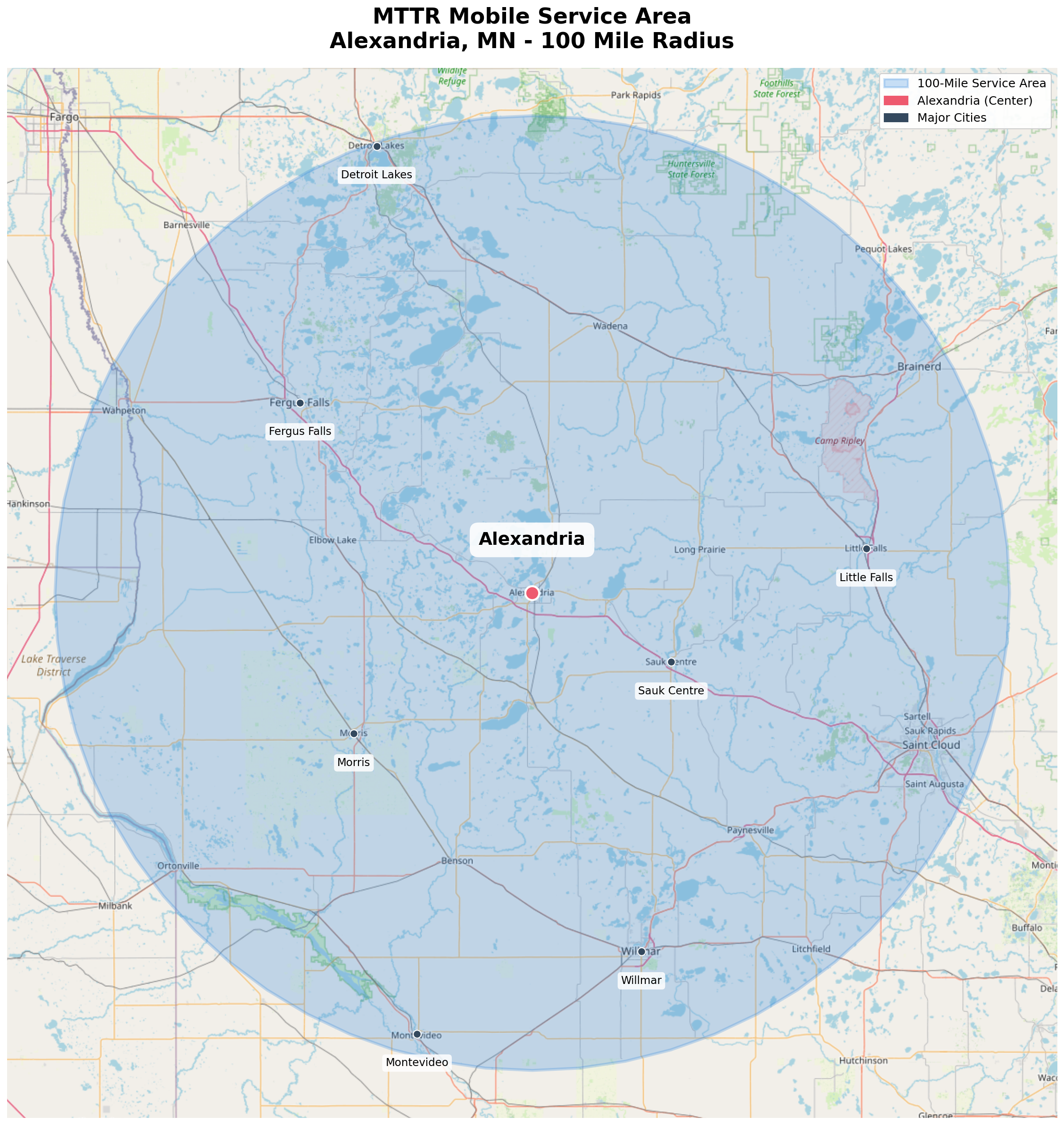 100-mile service radius map around Alexandria, Minnesota showing coverage area