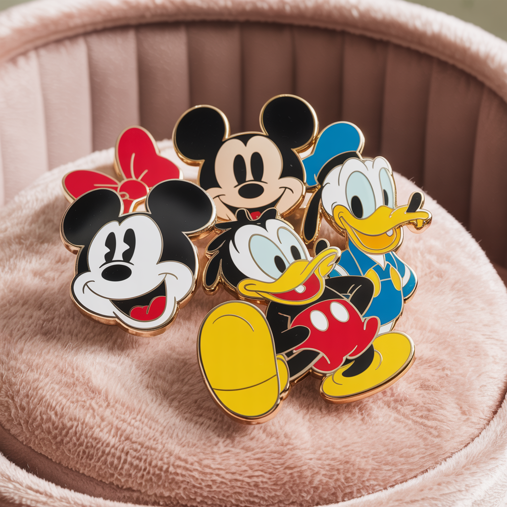 Vintage Disney character enamel pin collection on velvet display