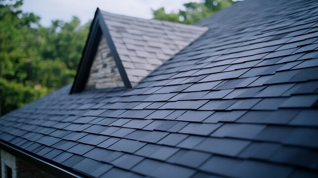 UK residential rooftops with slate tile roofs