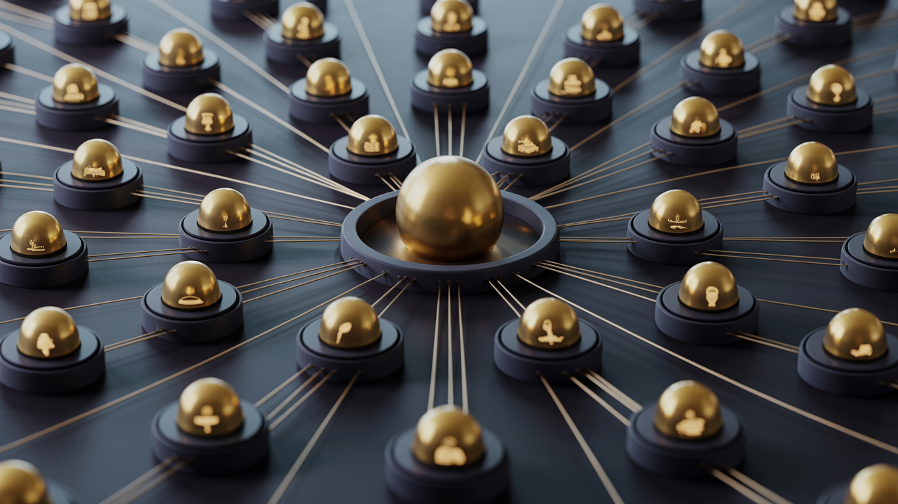Cinematisches Editorial-Visual einer dunklen Kommandozentrale mit goldenem Zentralknoten, von dem mehrere Agent-Sphären in verschiedene Richtungen ausstrahlen und über goldene Verbindungslinien Ergebnisse zurückliefern – Symbol für Subagent-Orchestrierung