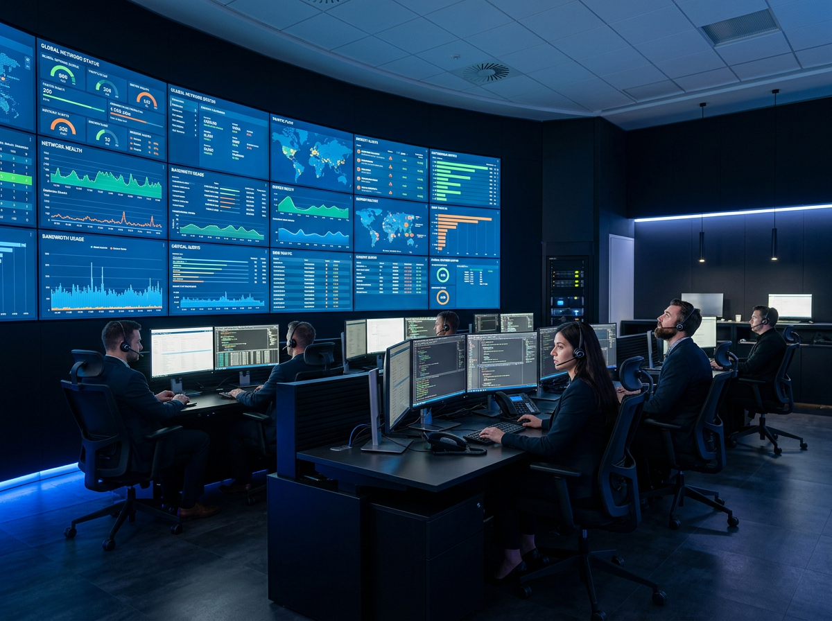 Centro de operaciones de red NOC con pantallas de monitoreo