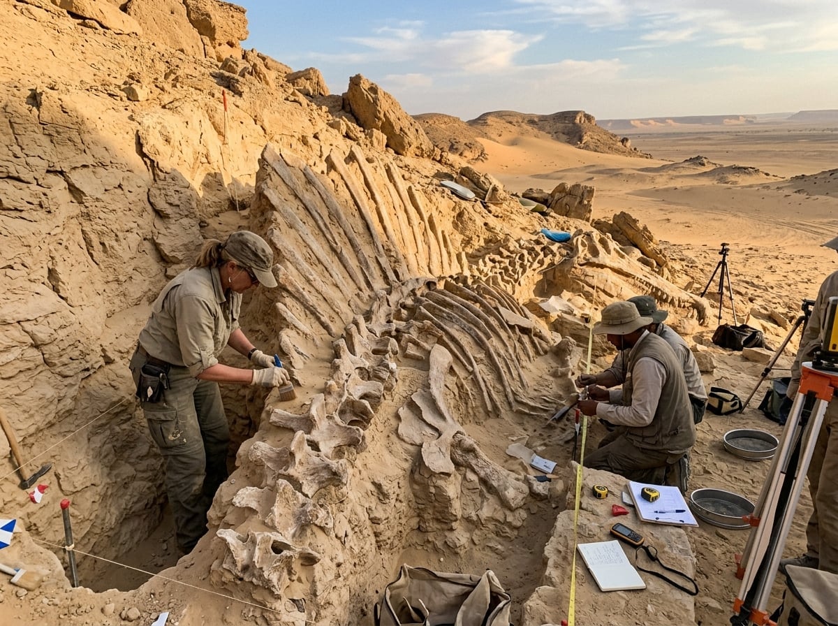 Spinosaurus dinosaur fossil excavation in the Sahara desert