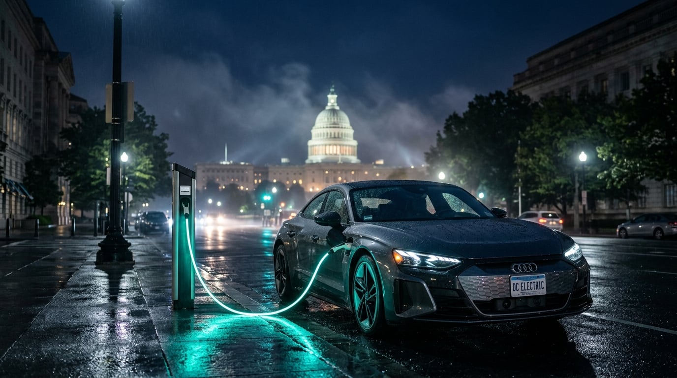 Electric vehicle charging at night in Washington DC with Capitol building in background