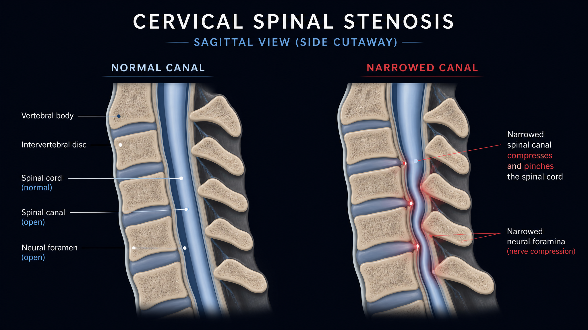 Sagittal view comparing normal and stenotic cervical canal