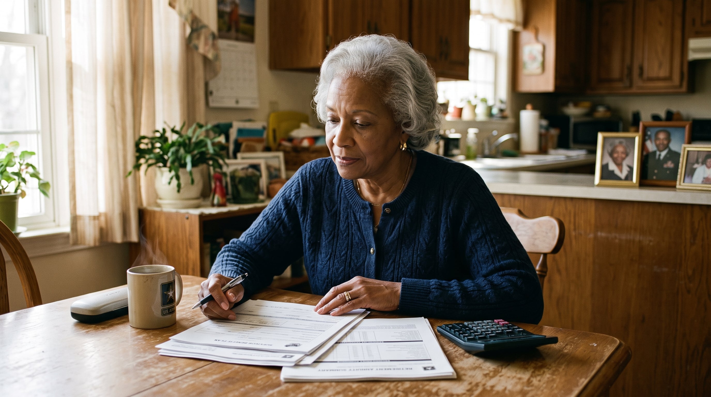 A senior African American widow reviewing a military retirement and annuity statement at her kitchen table