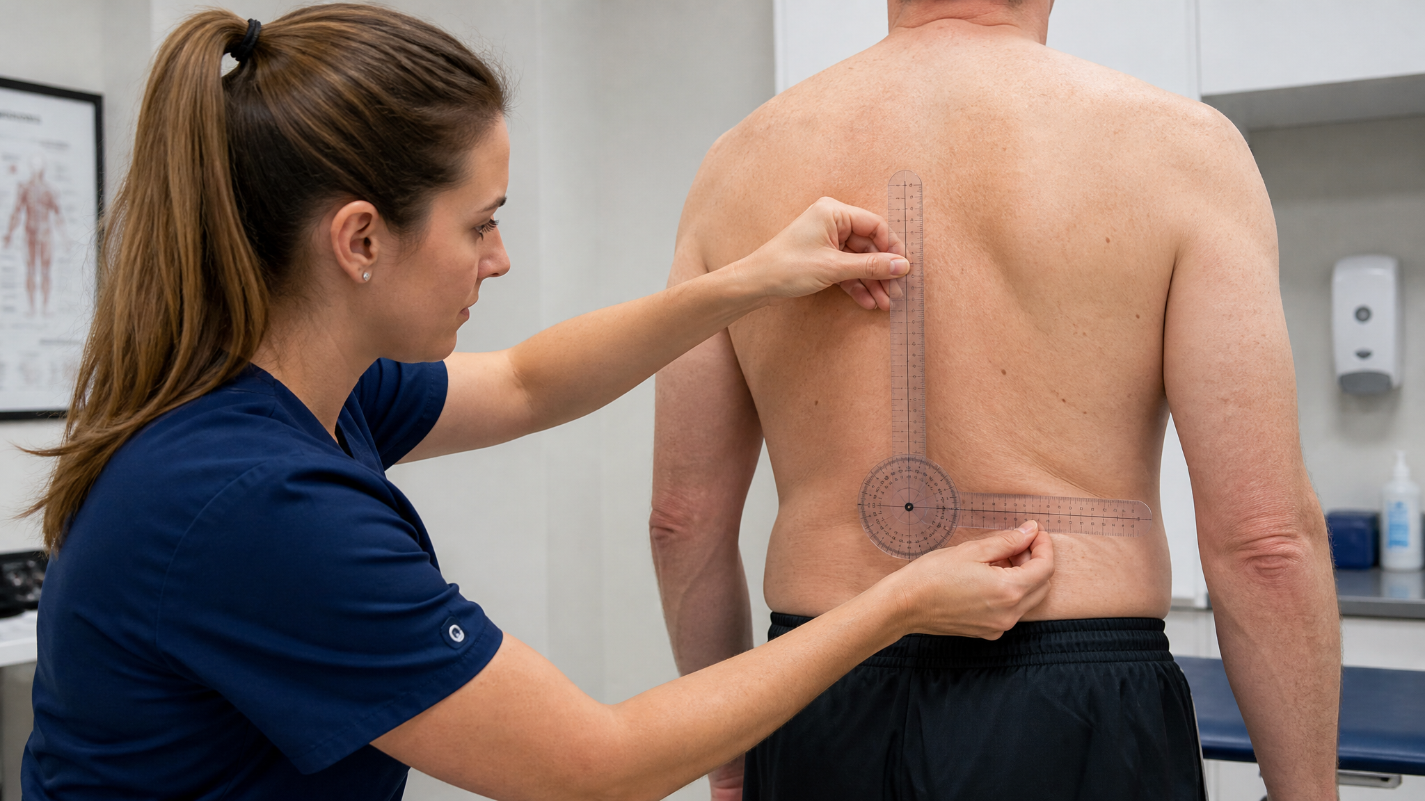 A clinician measuring a patient's spinal range of motion with a goniometer