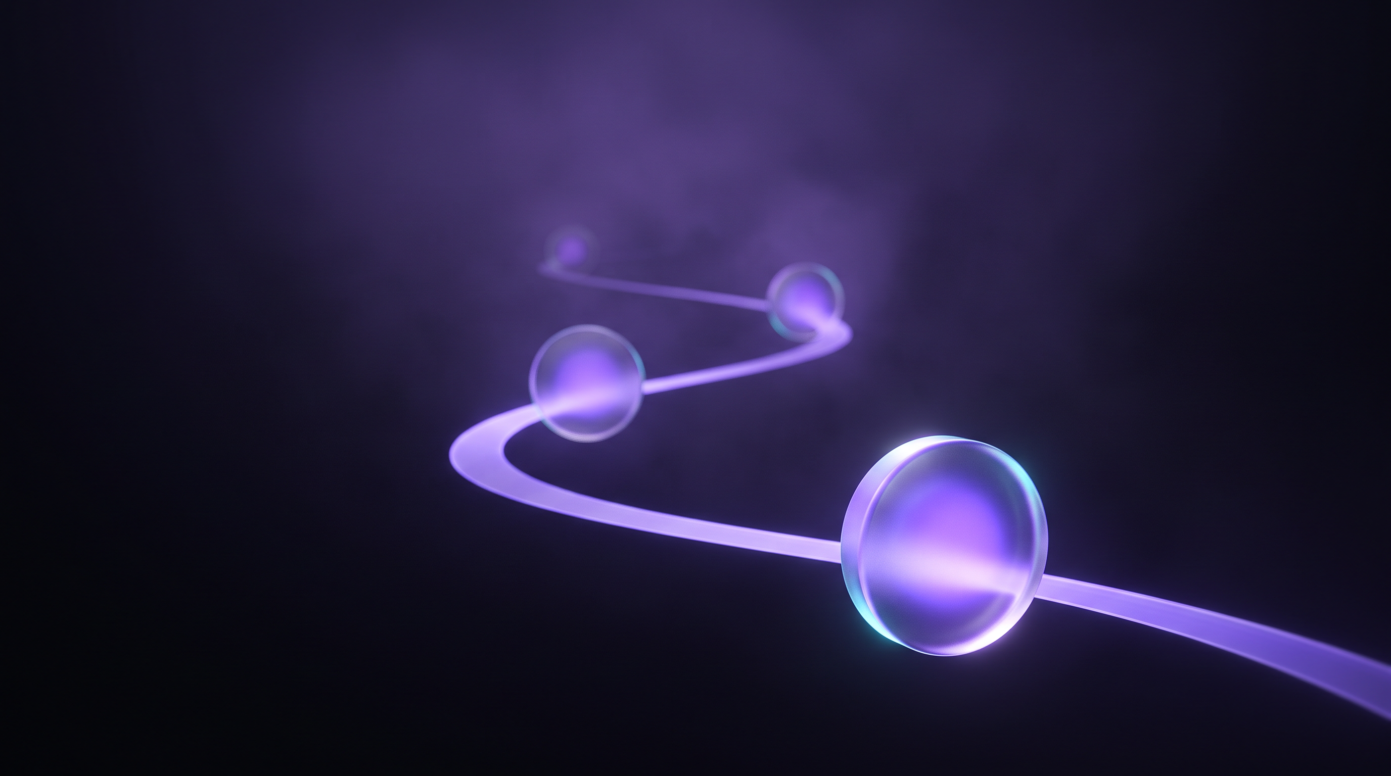 A single violet ribbon of light running left to right through the dark, threaded through two small glass spheres and one larger glowing disc